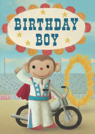 Birthday Boy Stunt Monkey Greeting Card by Stephen Mackey - Click Image to Close