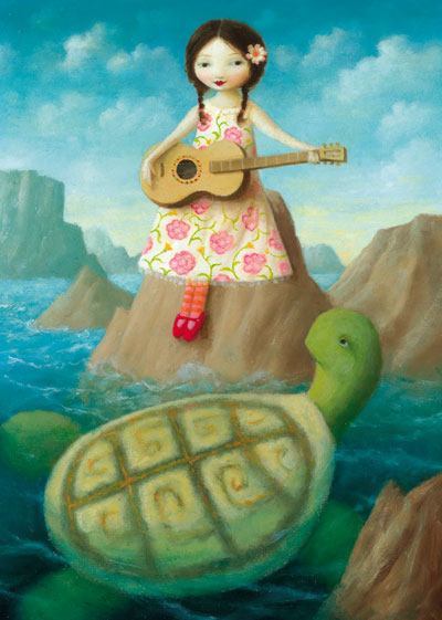 Guitar Girl and Turtle Greeting Card by Stephen Mackey