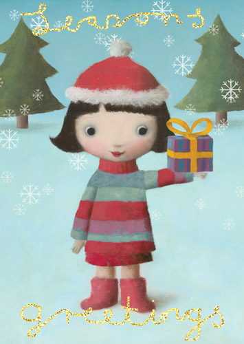 Girl with Present Pack of 5 Christmas Cards by Stephen Mackey