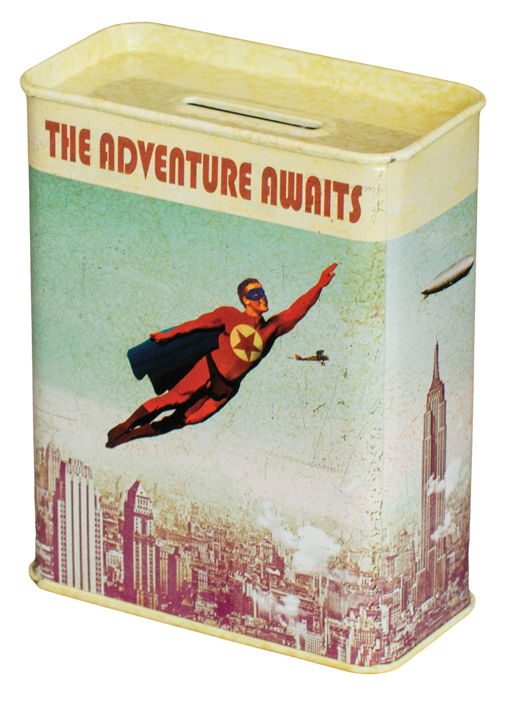 Superhero Man Metal Money Box Tin by Max Hernn - Click Image to Close