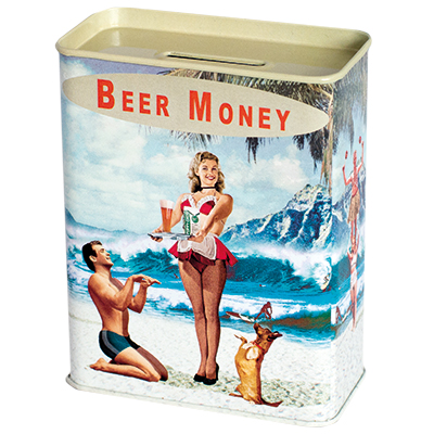 Beer Money Beach Scene Metal Money Box Tin by Max Hernn