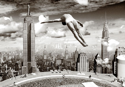 New York Diver Black and White Landscape Postcard by Max Hernn - Click Image to Close