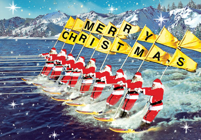 Merry Christmas Surfing Santas Christmas Postcard by Max Hernn