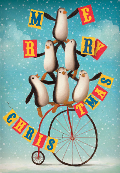 Merry Christmas Penguin PennyFarthing Postcard by Stephen Mackey - Click Image to Close